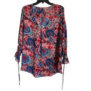 Umgee Red Blue Sheer Paisley Blouse‎ Top Long Sleeve Women's Size XL